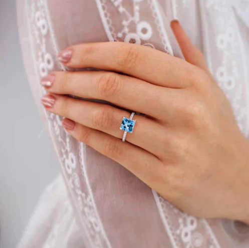 Ethical Sustainable Affordable Lab Grown Diamond, aqua spinel, aquamarine and natural diamond Engagement Rings UK